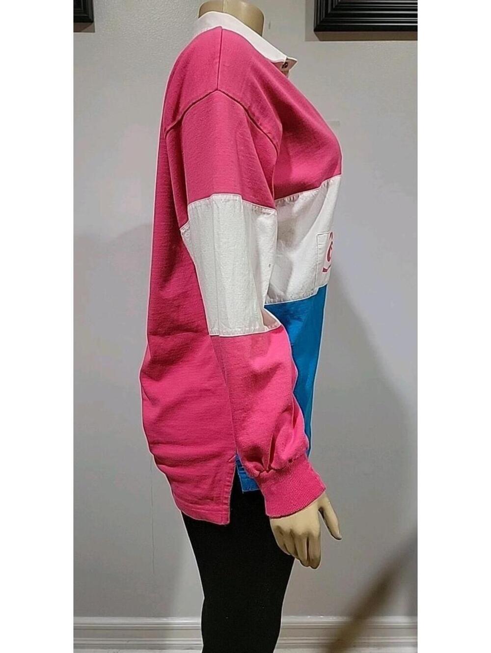 VTG 80s Coca Cola Rugby Shirt pink monoblock Size L Women's LS #C - Picture 2 of 12